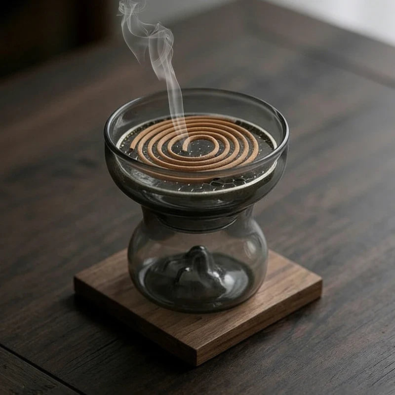 Glass Incense Burner Mountain Incense Holder for Coil Incense and Cone Incense with Glass Ash Catcher for Meditation Yoga Spa